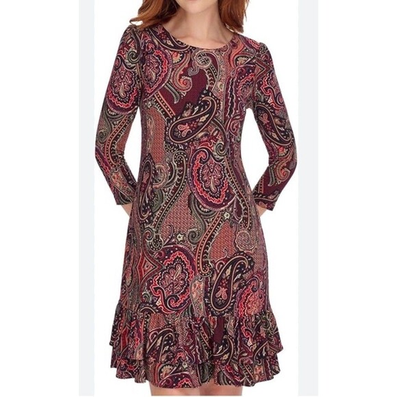 Tommy Hilfiger Dresses & Skirts - Tommy Hilfiger Dress 14 Jersey Knit Red Black Paisley Drop Waist Ruffle